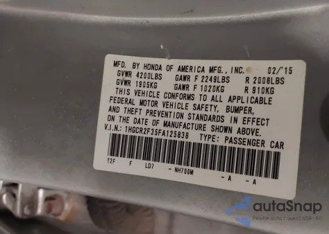 2015 Honda Accord Lx z USA, uszkodzony, nr VIN 1HGCR2F35FA125838